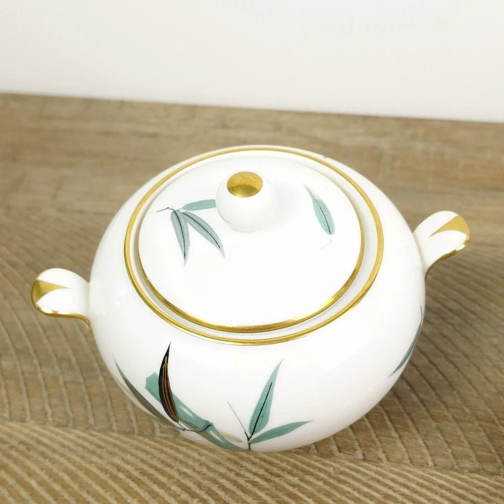 Noritake China 5540 Sugar Bowl‎ and Creamer Teal Bamboo Black Gold Leaves